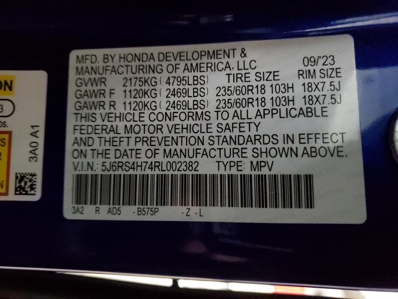 2024 HONDA CR-V EXL VIN:5J6RS4H74RL002382