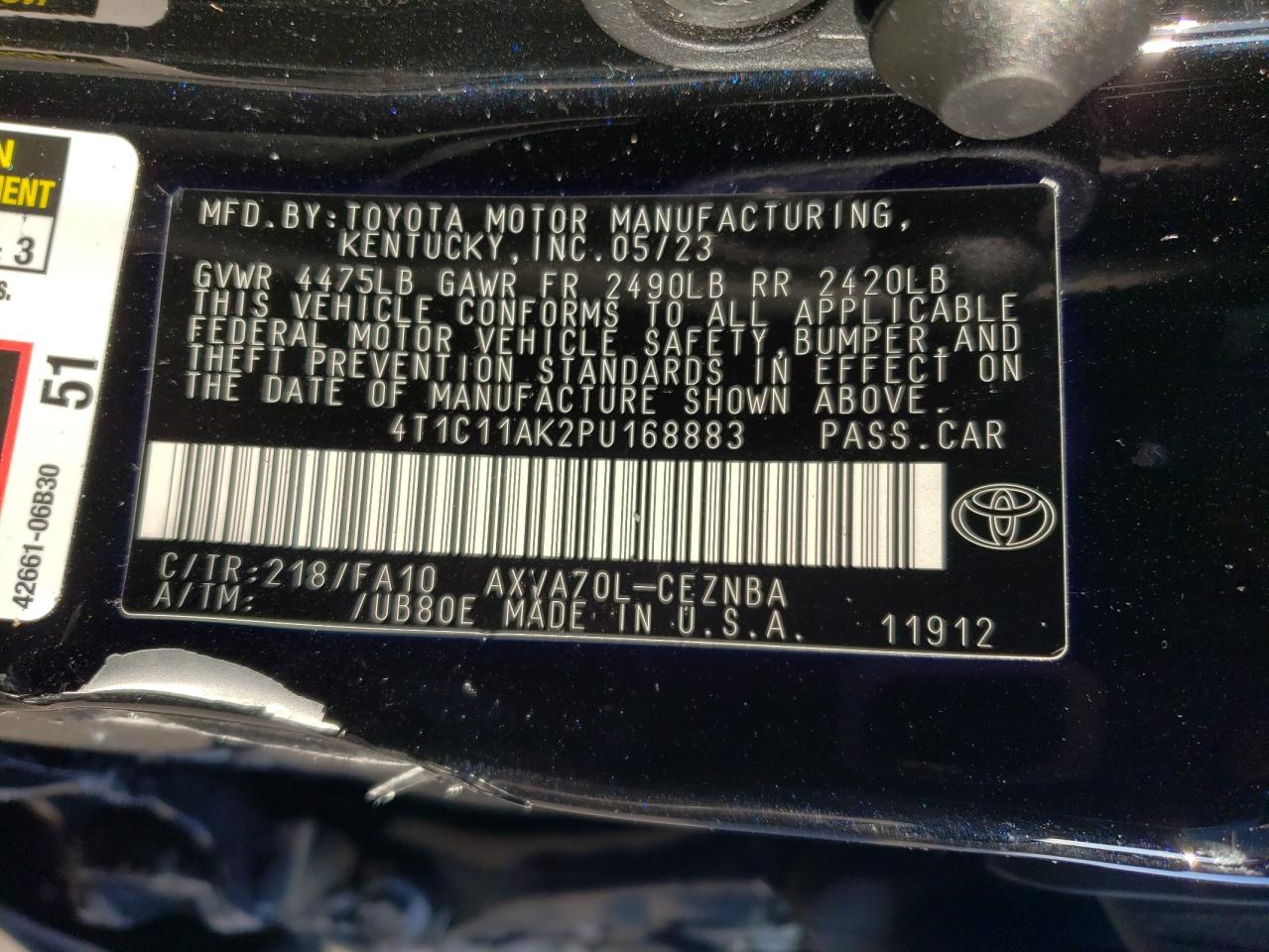 2023 TOYOTA CAMRY LE VIN:4T1C11AK2PU168883