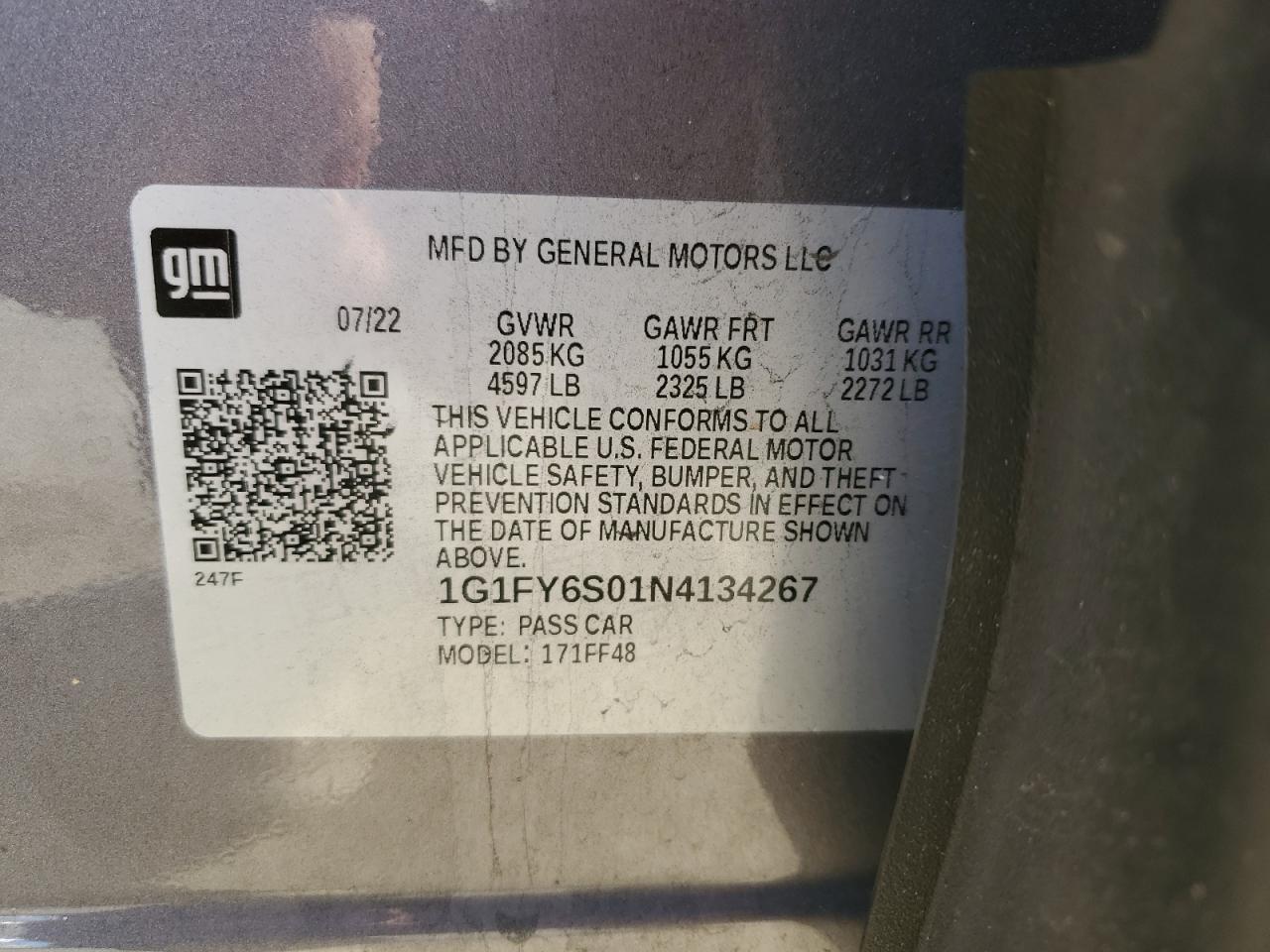 2022 CHEVROLET BOLT EUV LT VIN:1G1FY6S01N4134267