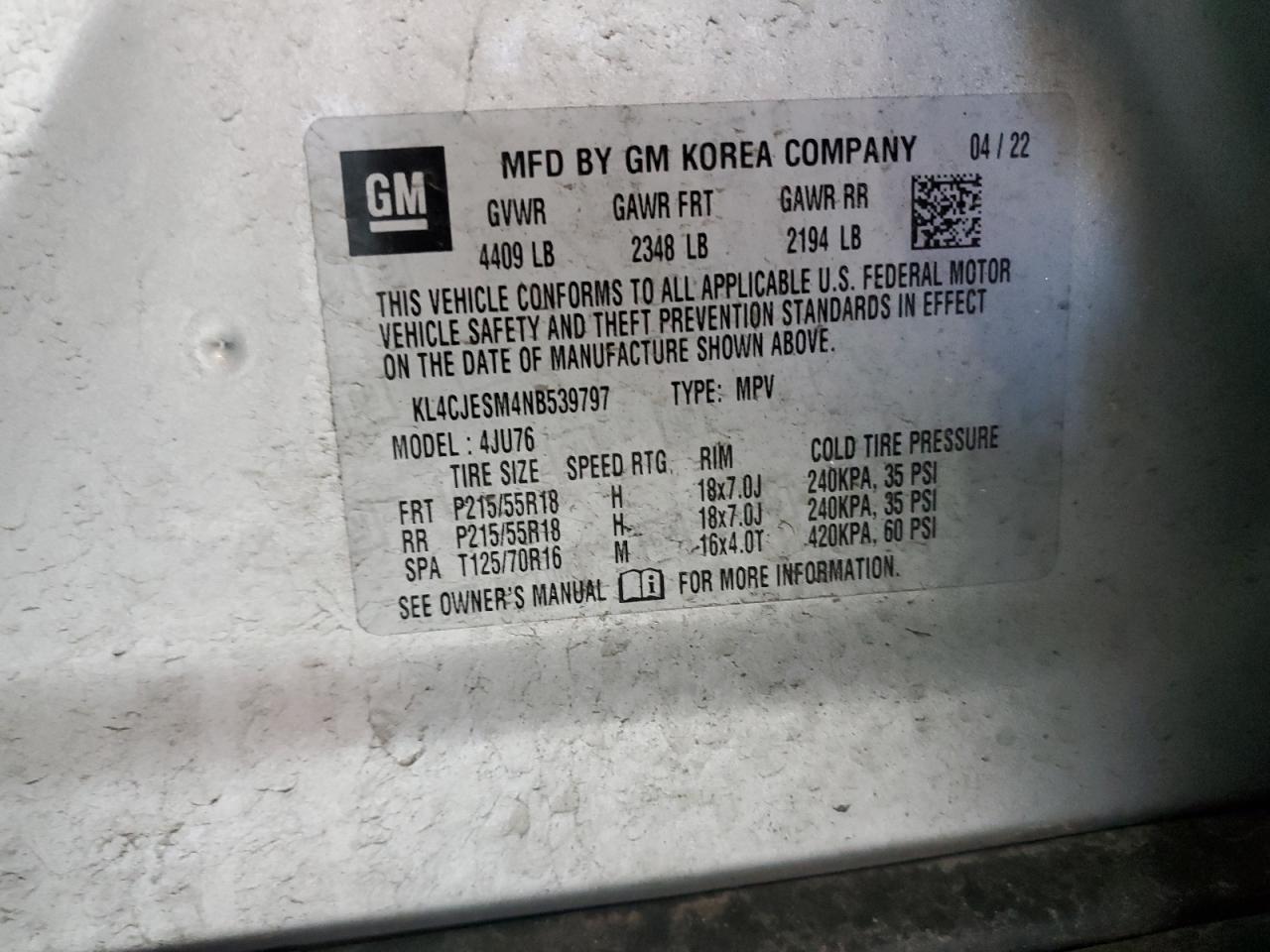 2022 BUICK ENCORE PREFERRED VIN:KL4CJESM4NB539797