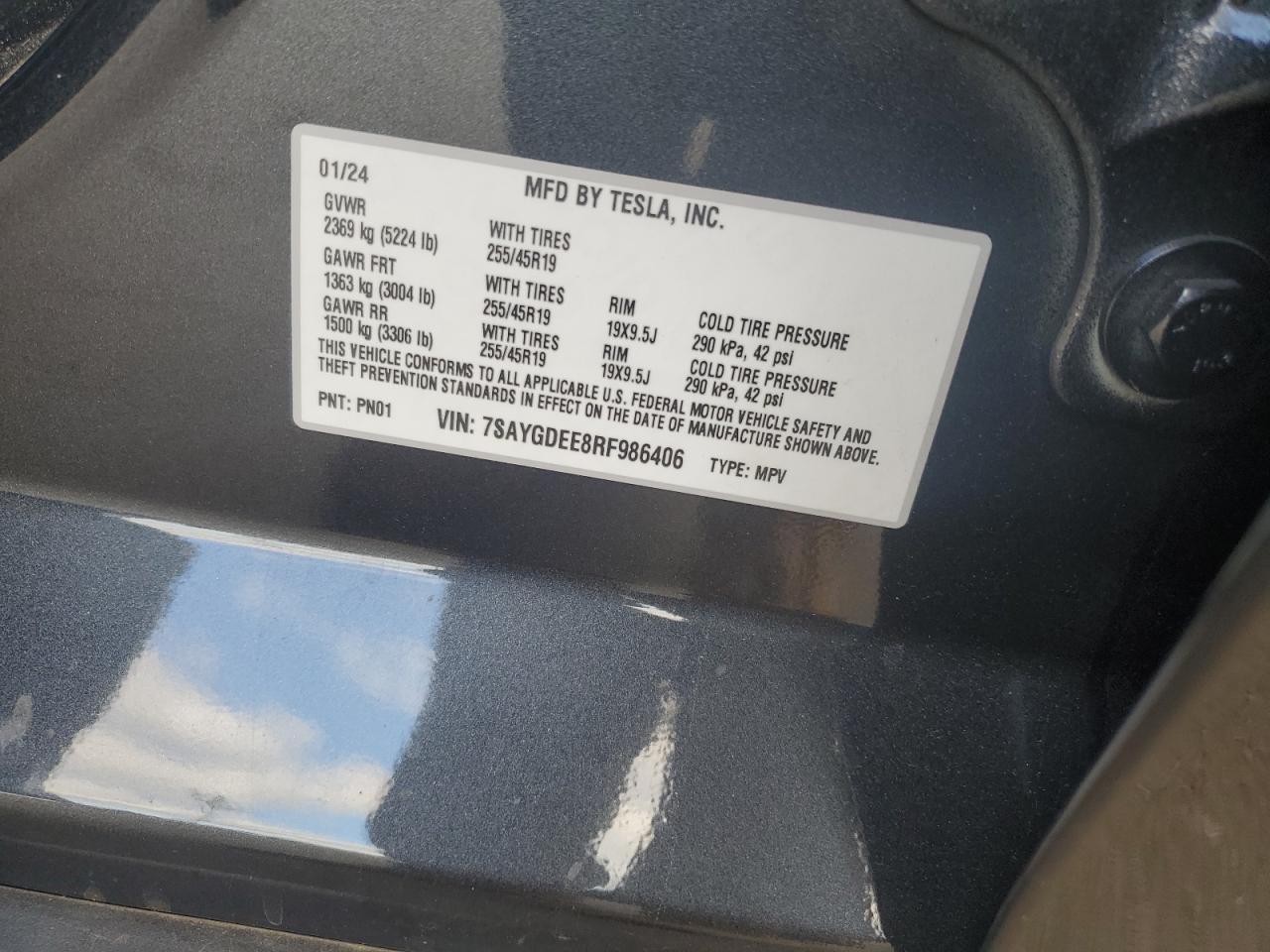 2024 TESLA MODEL Y VIN:7SAYGDEE8RF986406
