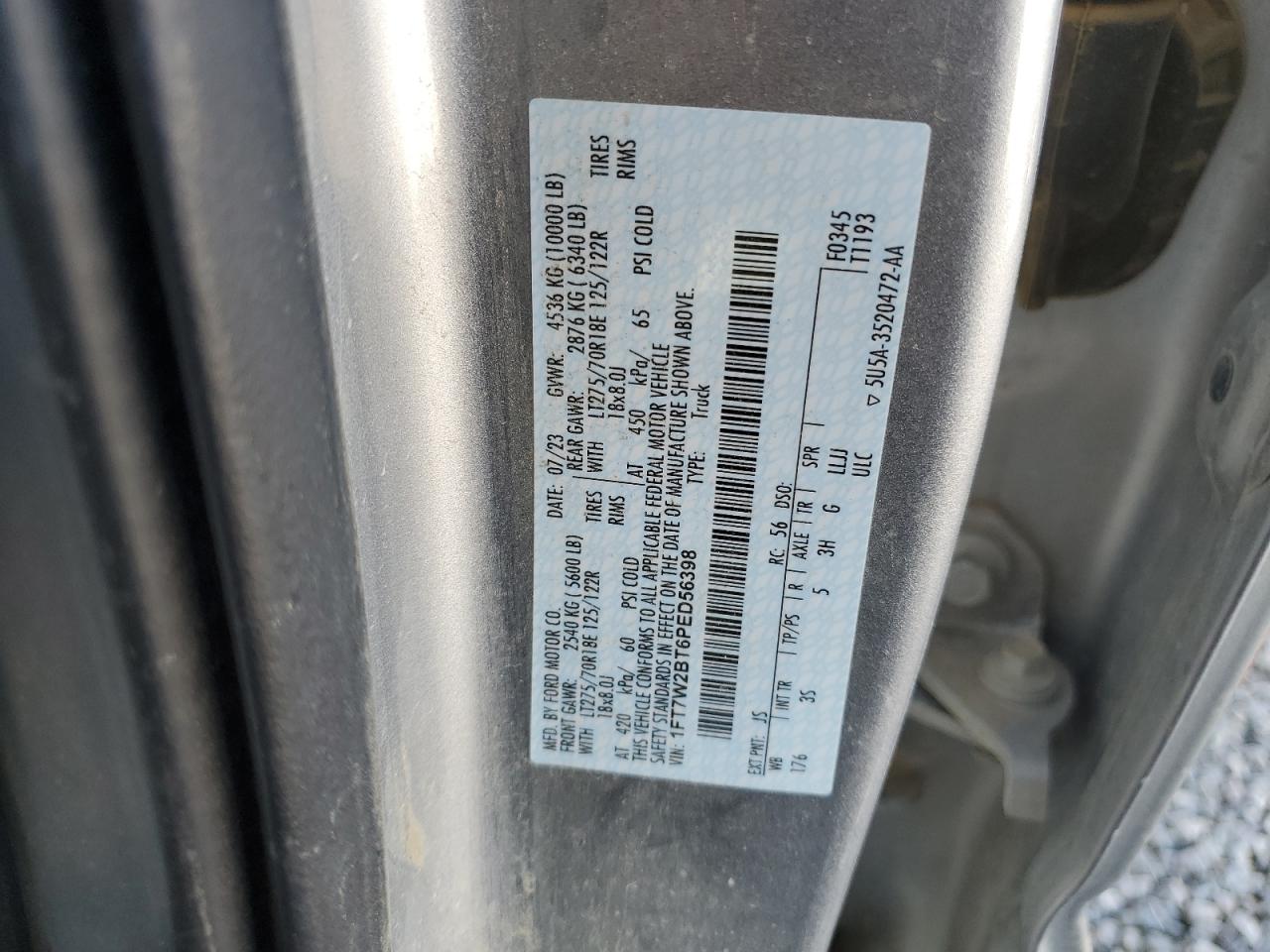 2023 FORD F250 SUPER DUTY VIN:1FT7W2BT6PED56398