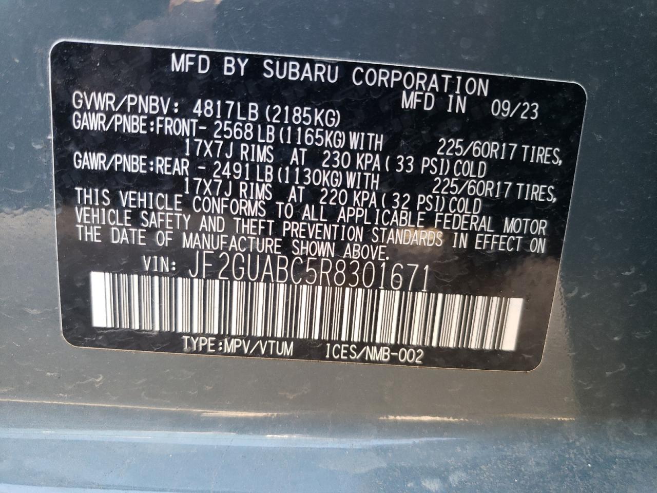 2024 SUBARU CROSSTREK VIN:JF2GUABC5R8301671