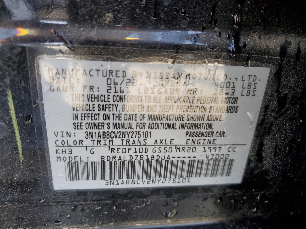 2022 NISSAN SENTRA SV VIN:3N1AB8CV2NY275101