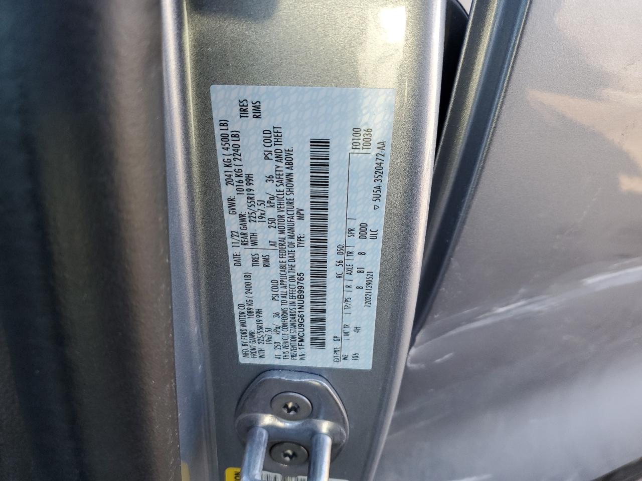 2022 FORD ESCAPE SE VIN:1FMCU9G61NUB99765