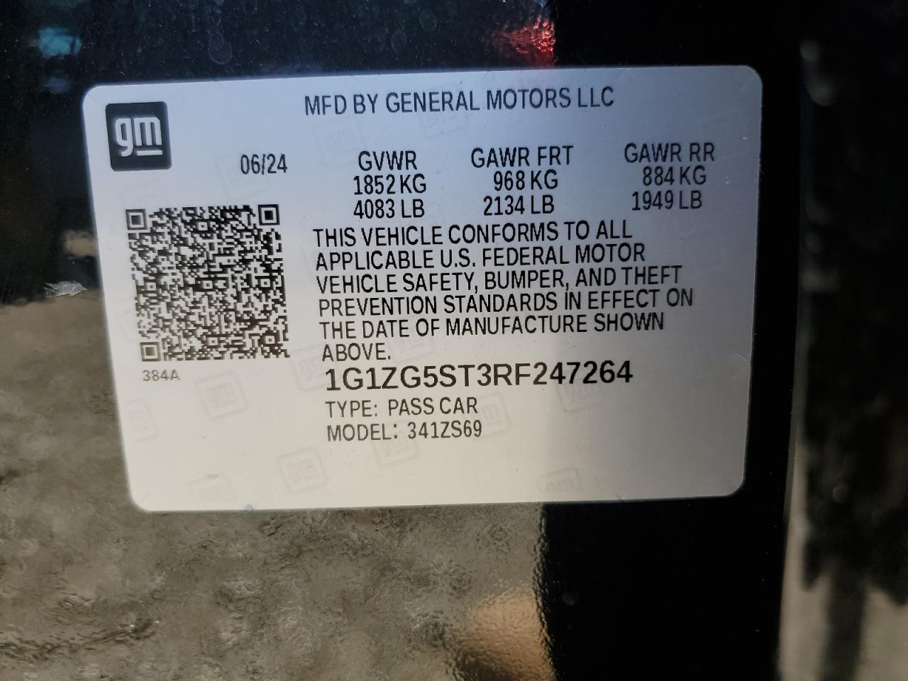 2024 CHEVROLET MALIBU RS VIN:1G1ZG5ST3RF247264