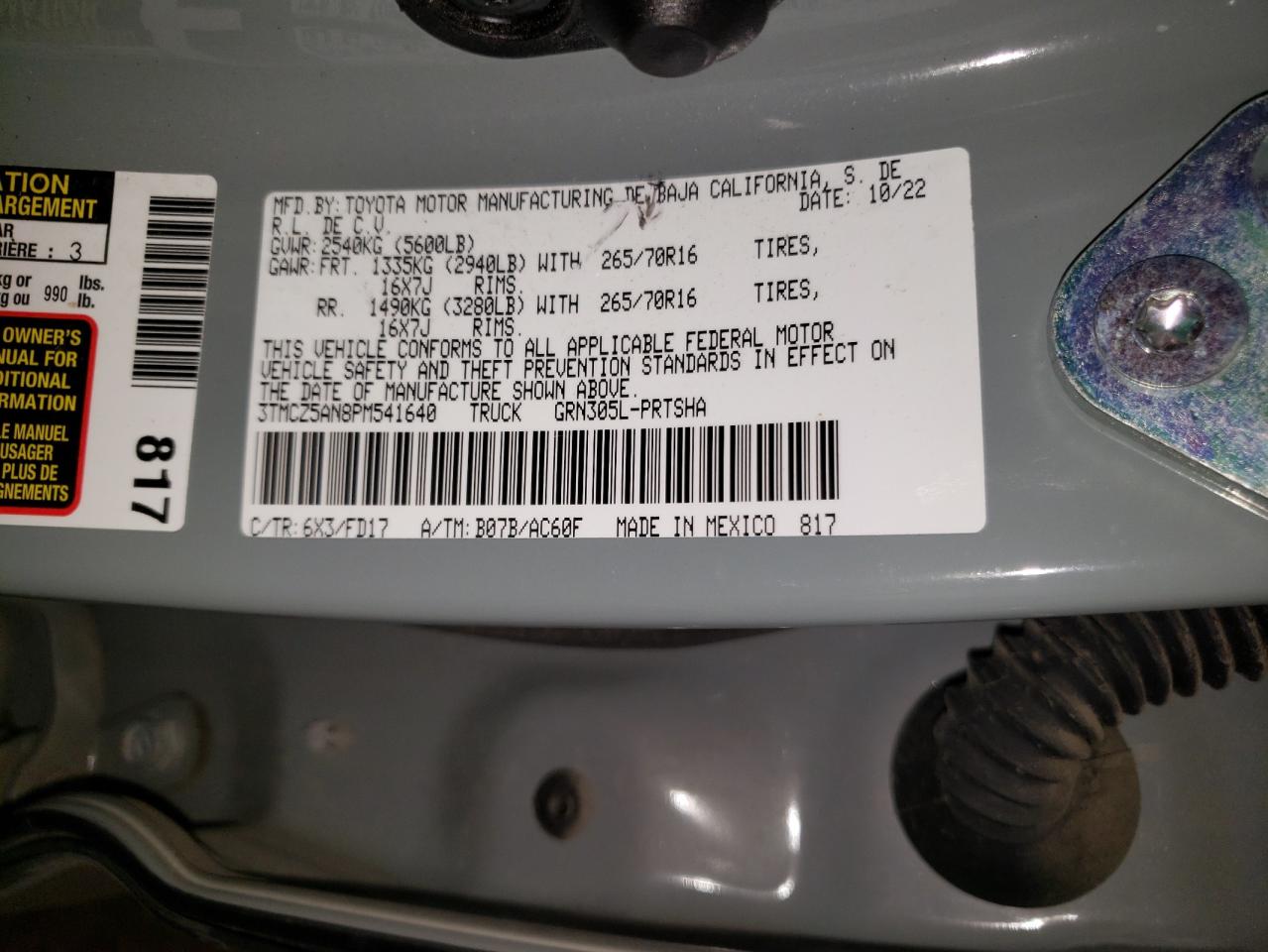 2023 TOYOTA TACOMA DOUBLE CAB VIN:3TMCZ5AN8PM541640