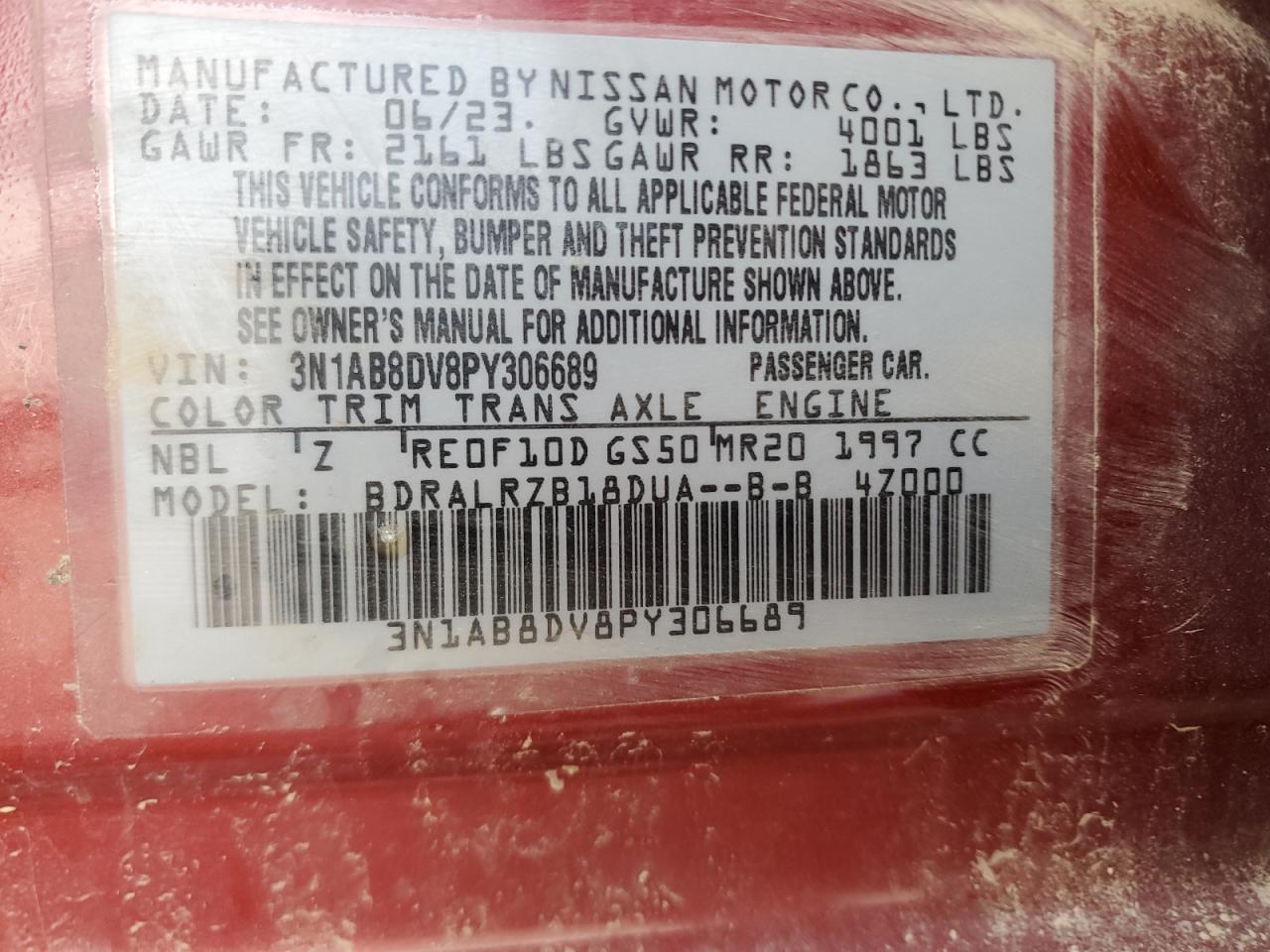 2023 NISSAN SENTRA SR VIN:3N1AB8DV8PY306689