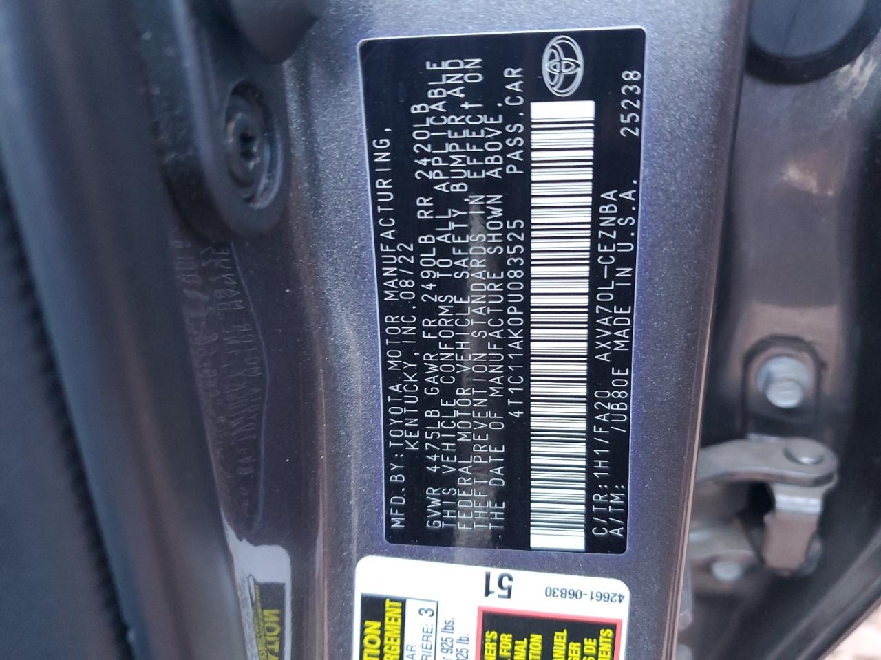 2023 TOYOTA CAMRY LE VIN:4T1C11AK0PU083525