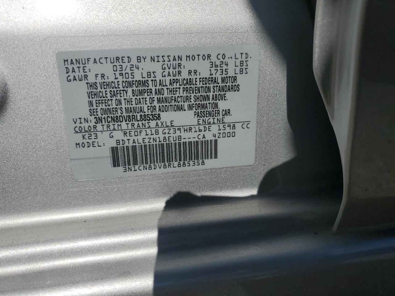 2024 NISSAN VERSA S VIN:3N1CN8DV8RL885358
