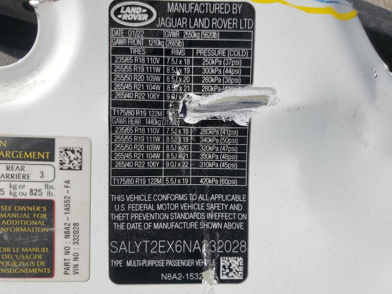 2022 LAND ROVER RANGE ROVER VELAR R-DYNAMIC S VIN:SALYT2EX6NA332028