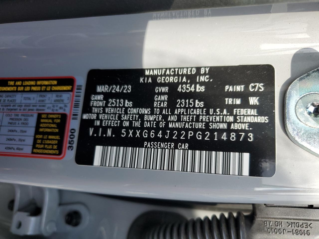 2023 KIA K5 GT LINE VIN:5XXG64J22PG214873