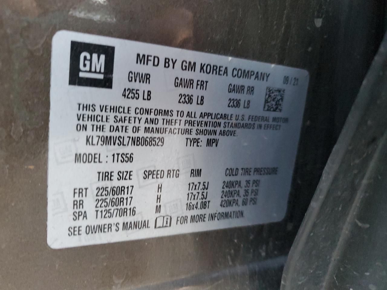 2022 CHEVROLET TRAILBLAZER ACTIV VIN:KL79MVSL7NB068529