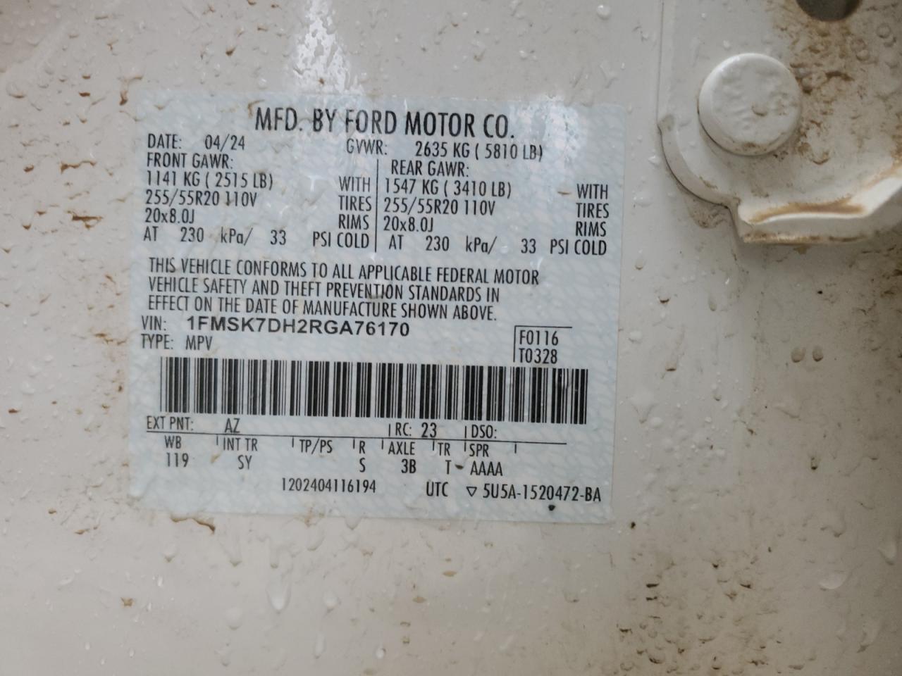 2024 FORD EXPLORER XLT VIN:1FMSK7DH2RGA76170