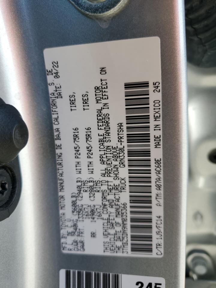 2022 TOYOTA TACOMA DOUBLE CAB VIN:3TMBZ5DN9NM035366