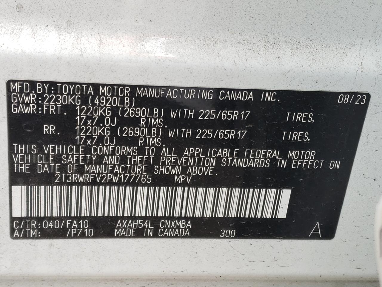 2023 TOYOTA RAV4 XLE VIN:2T3RWRFV2PW177765