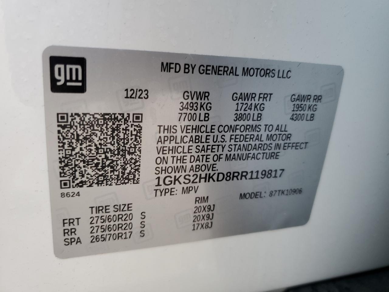 2024 GMC YUKON XL K1500 AT4 VIN:1GKS2HKD8RR119817