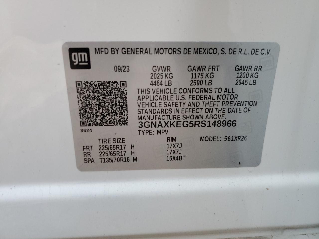 2024 CHEVROLET EQUINOX LT VIN:3GNAXKEG5RS148966