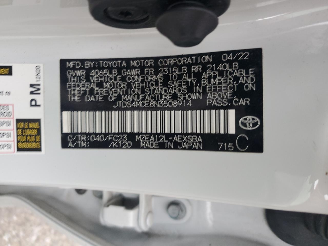 2022 TOYOTA COROLLA SE VIN:JTDS4MCE8N3508914