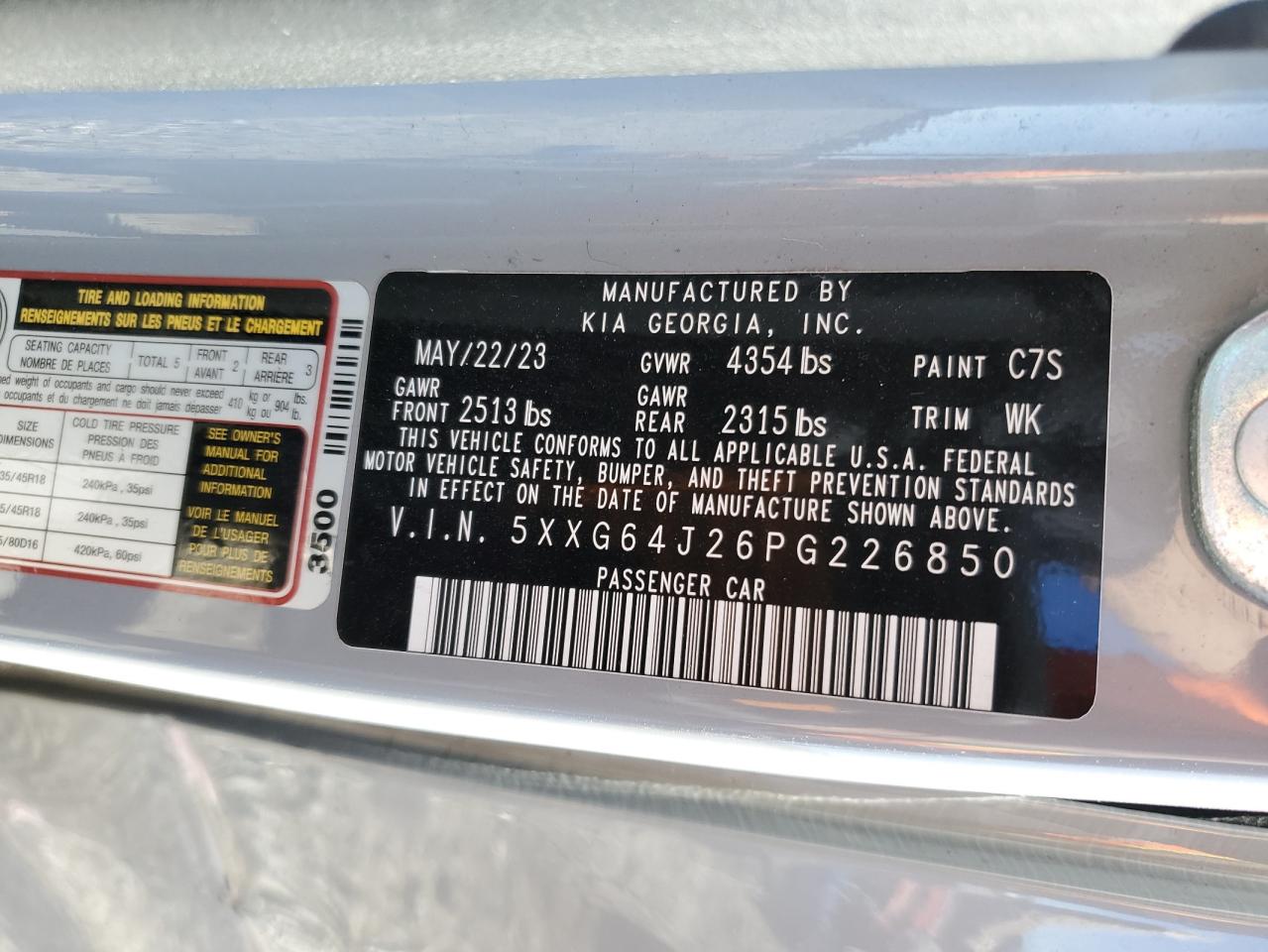 2023 KIA K5 GT LINE VIN:5XXG64J26PG226850