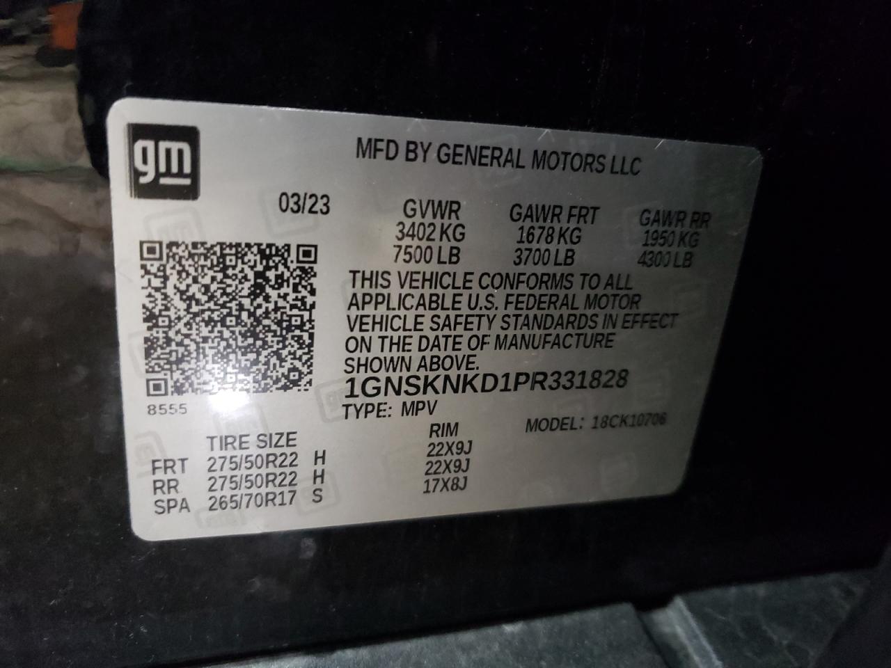 2023 CHEVROLET TAHOE K1500 LT VIN:1GNSKNKD1PR331828