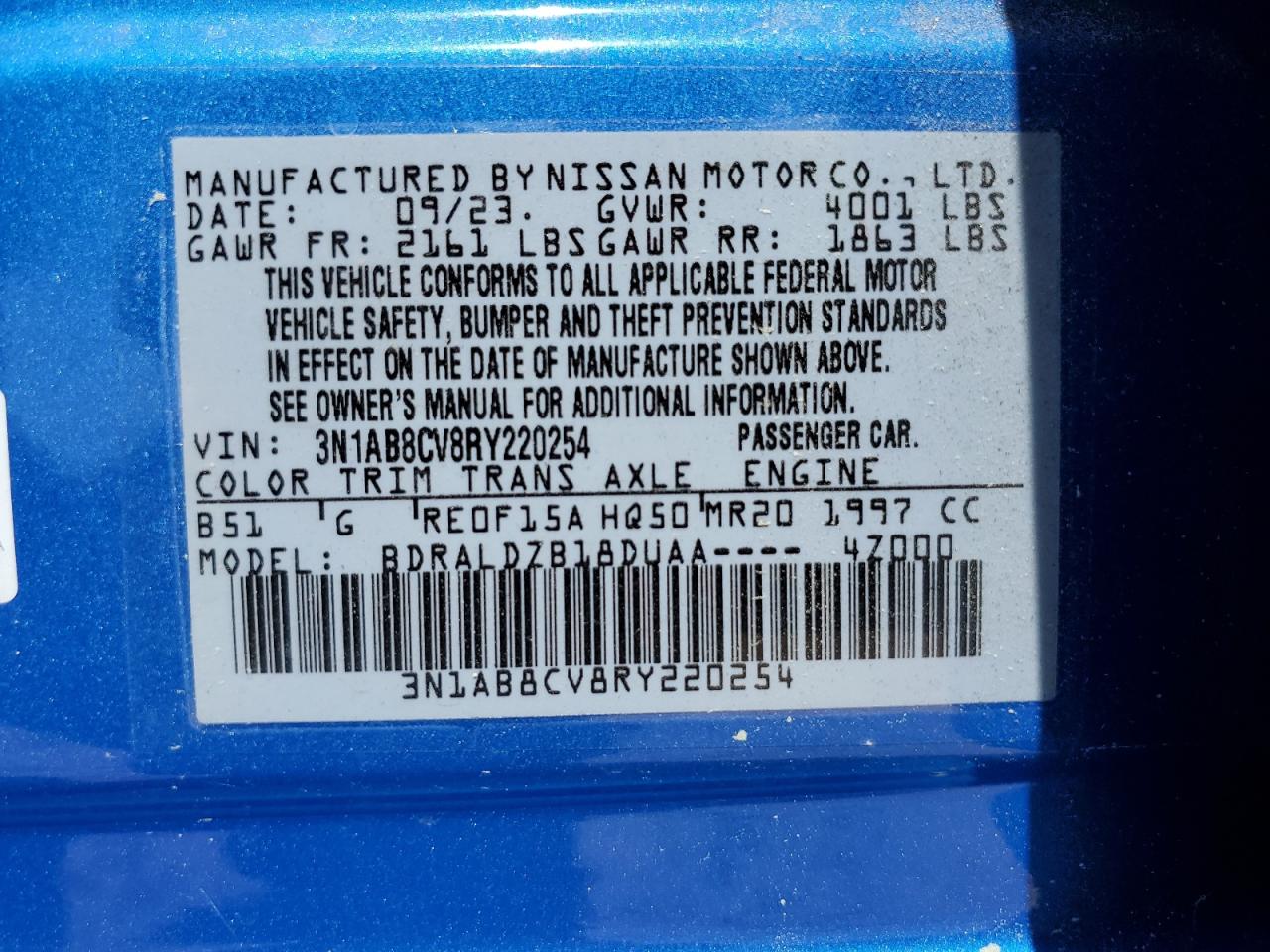 2024 NISSAN SENTRA SV VIN:3N1AB8CV8RY220254
