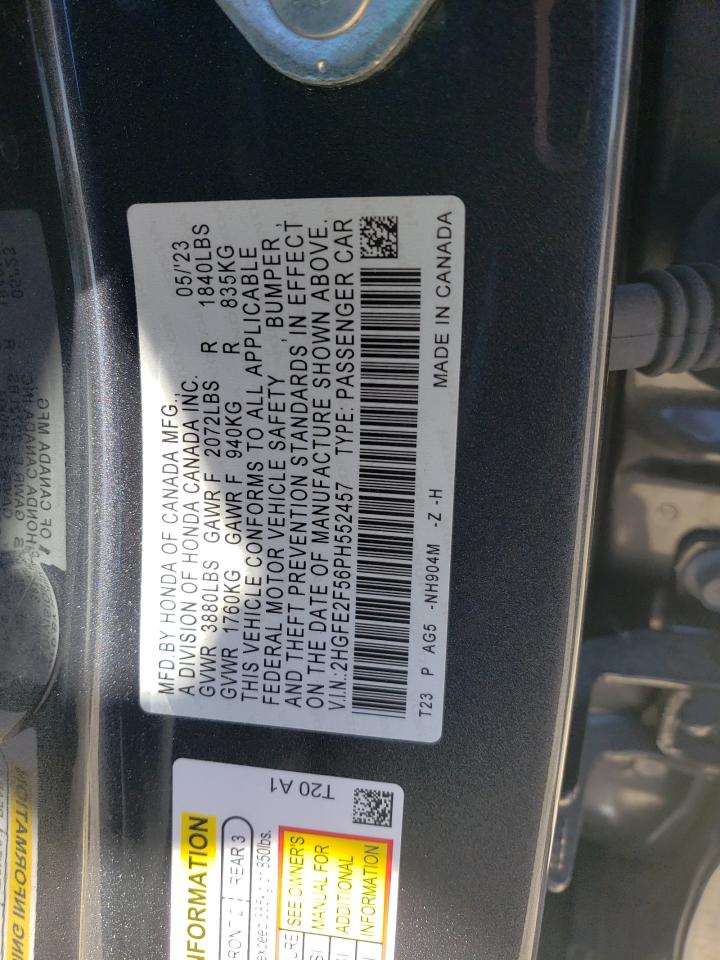 2023 HONDA CIVIC SPORT VIN:2HGFE2F56PH552457