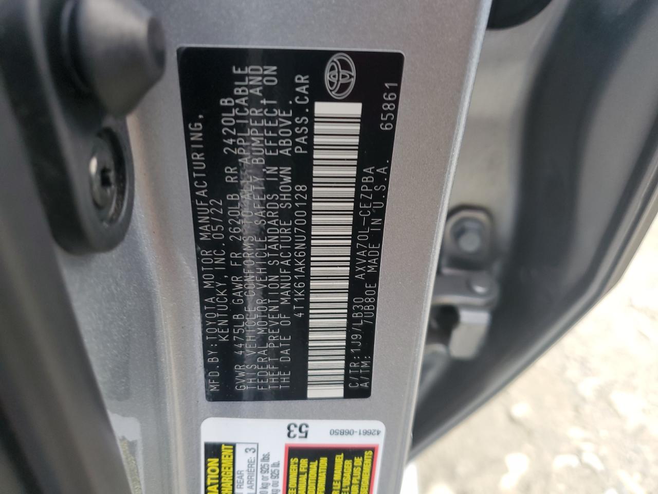 2022 TOYOTA CAMRY XSE VIN:4T1K61AK6NU700128