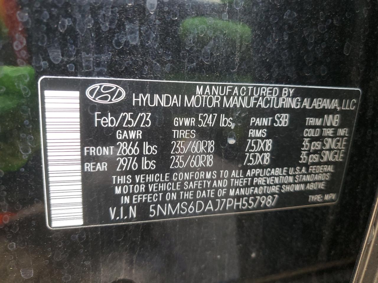 2023 HYUNDAI SANTA FE XRT VIN:5NMS6DAJ7PH557987