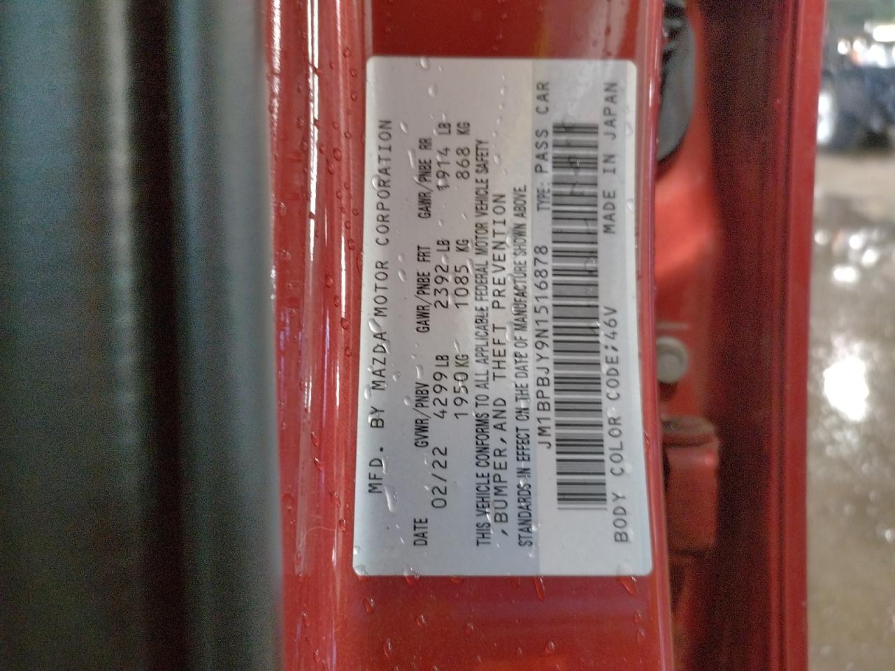 2022 MAZDA 3 VIN:JM1BPBJY9N1516878