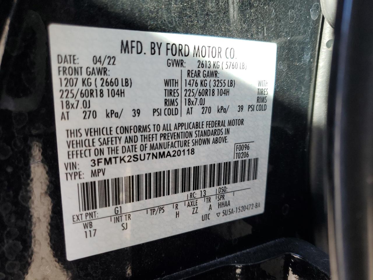 2022 FORD MUSTANG MACH-E CALIFORNIA ROUTE 1 VIN:3FMTK2SU7NMA20118