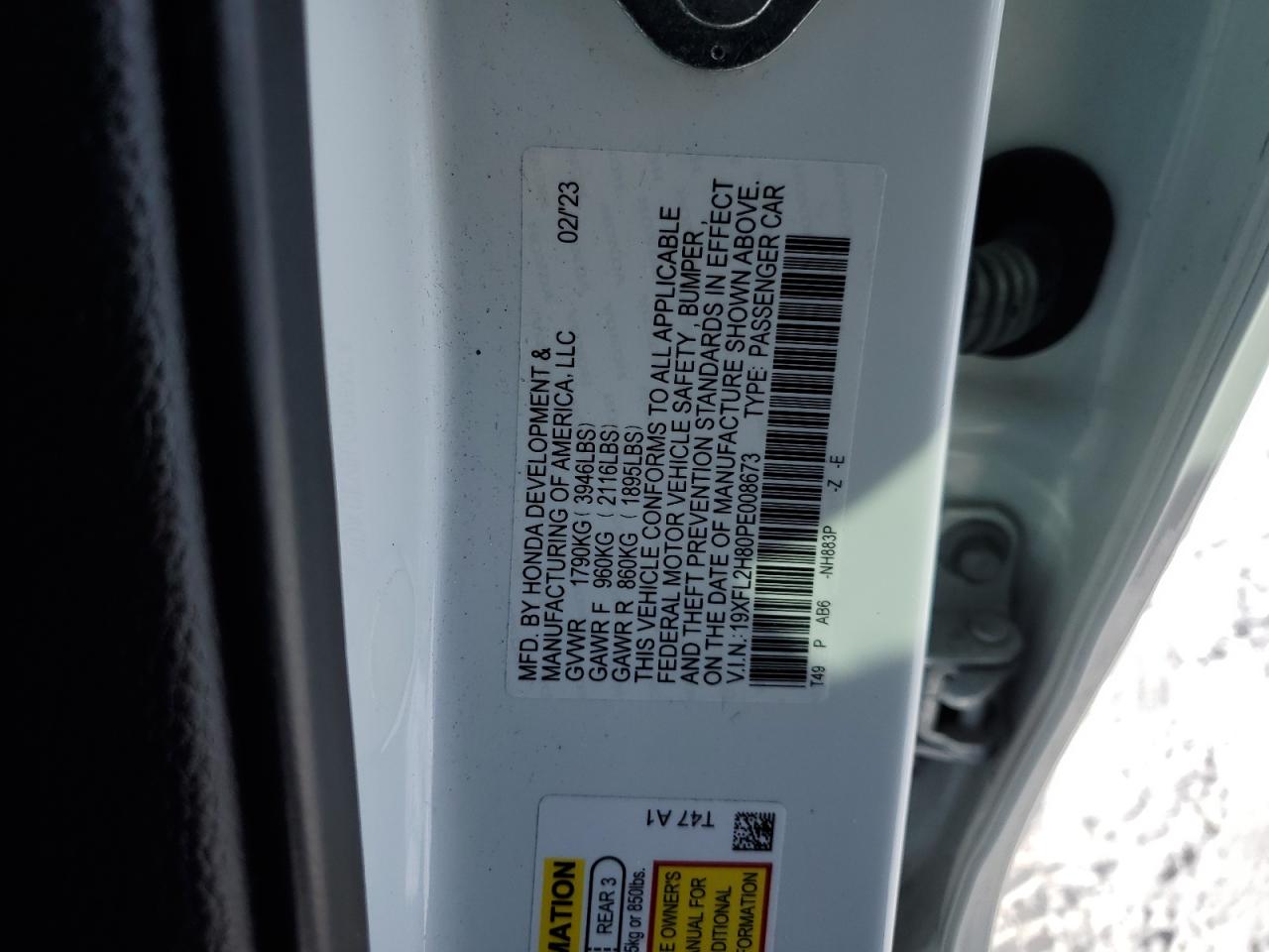 2023 HONDA CIVIC SPORT VIN:1BAKGCPA99F265606