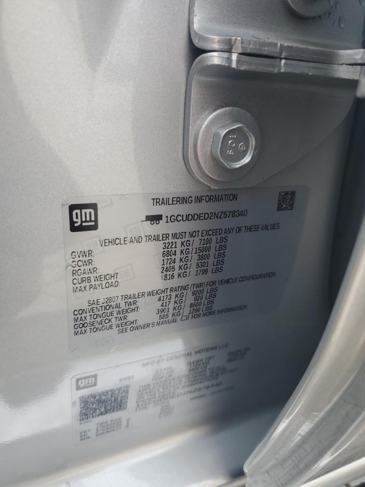 2022 CHEVROLET SILVERADO K1500 LT VIN:1GCUDDED2NZ578340