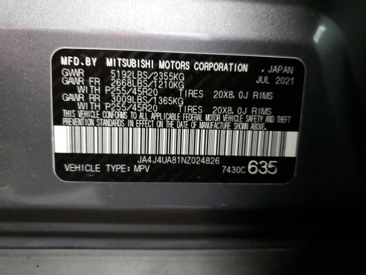2022 MITSUBISHI OUTLANDER SE VIN:JA4J4UA81NZ024826