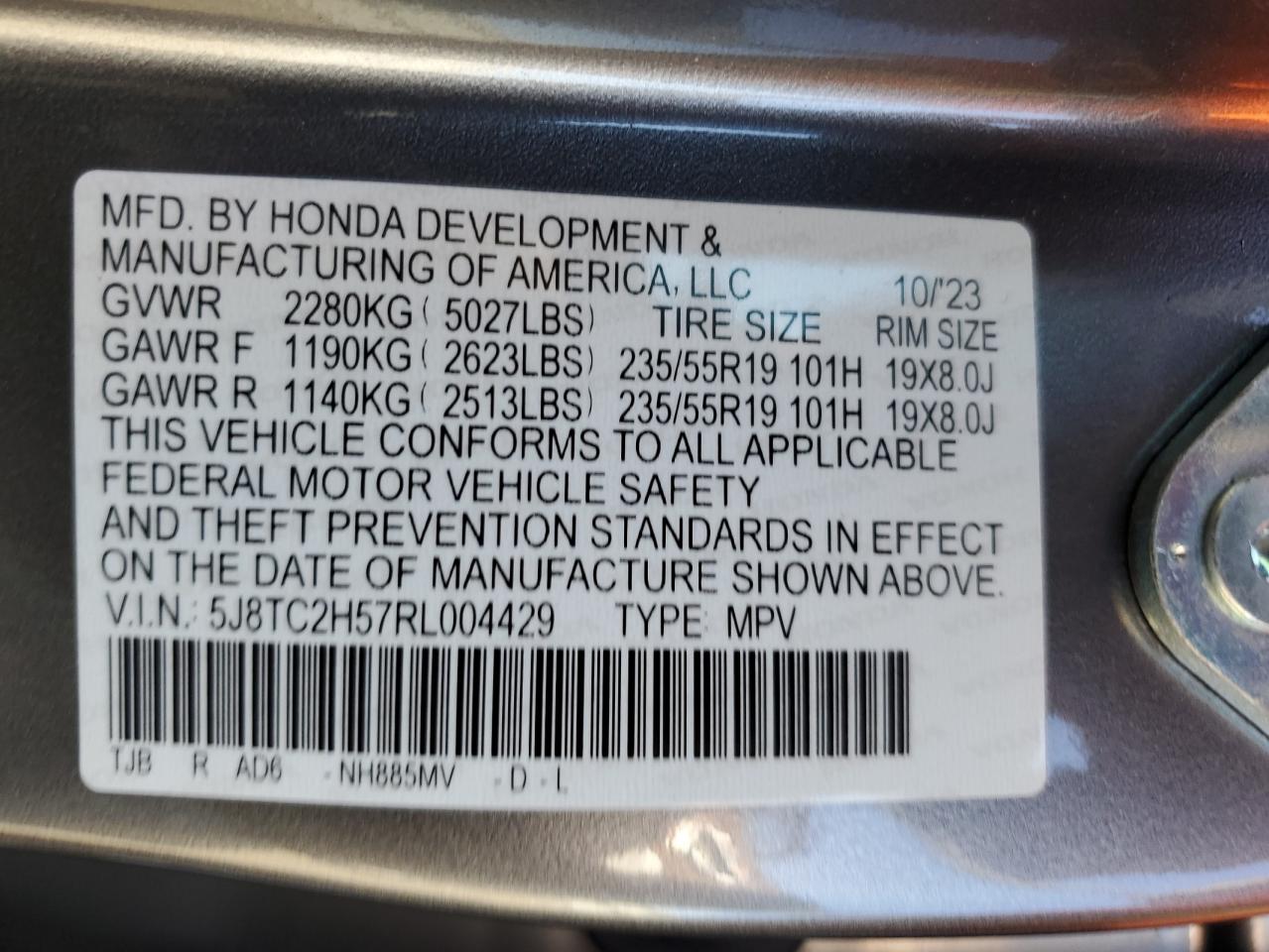 2024 ACURA RDX TECHNOLOGY VIN:5J8TC2H57RL004429