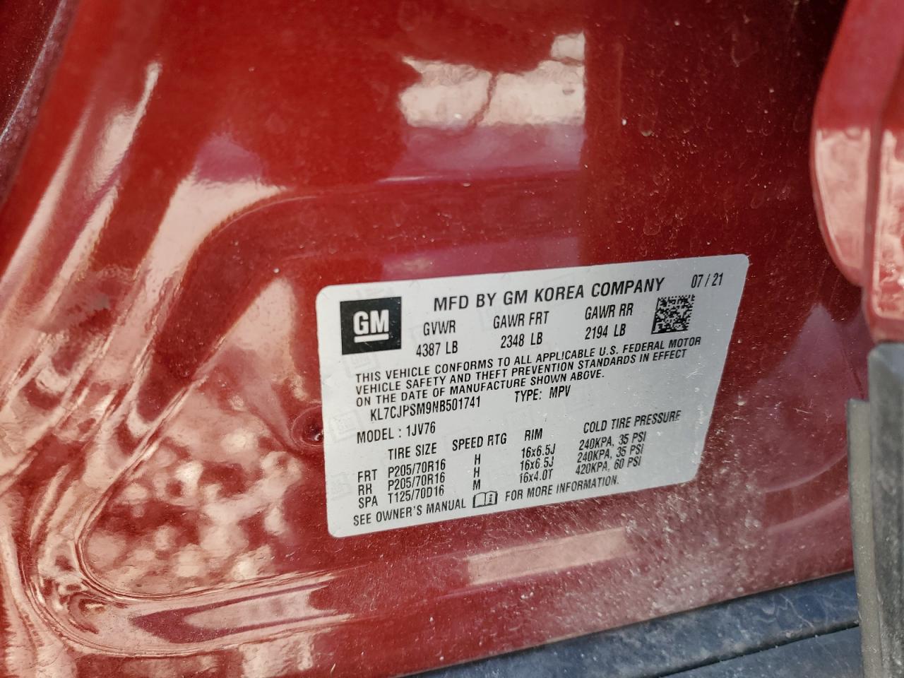 2022 CHEVROLET TRAX 1LT VIN:KL7CJPSM9NB501741