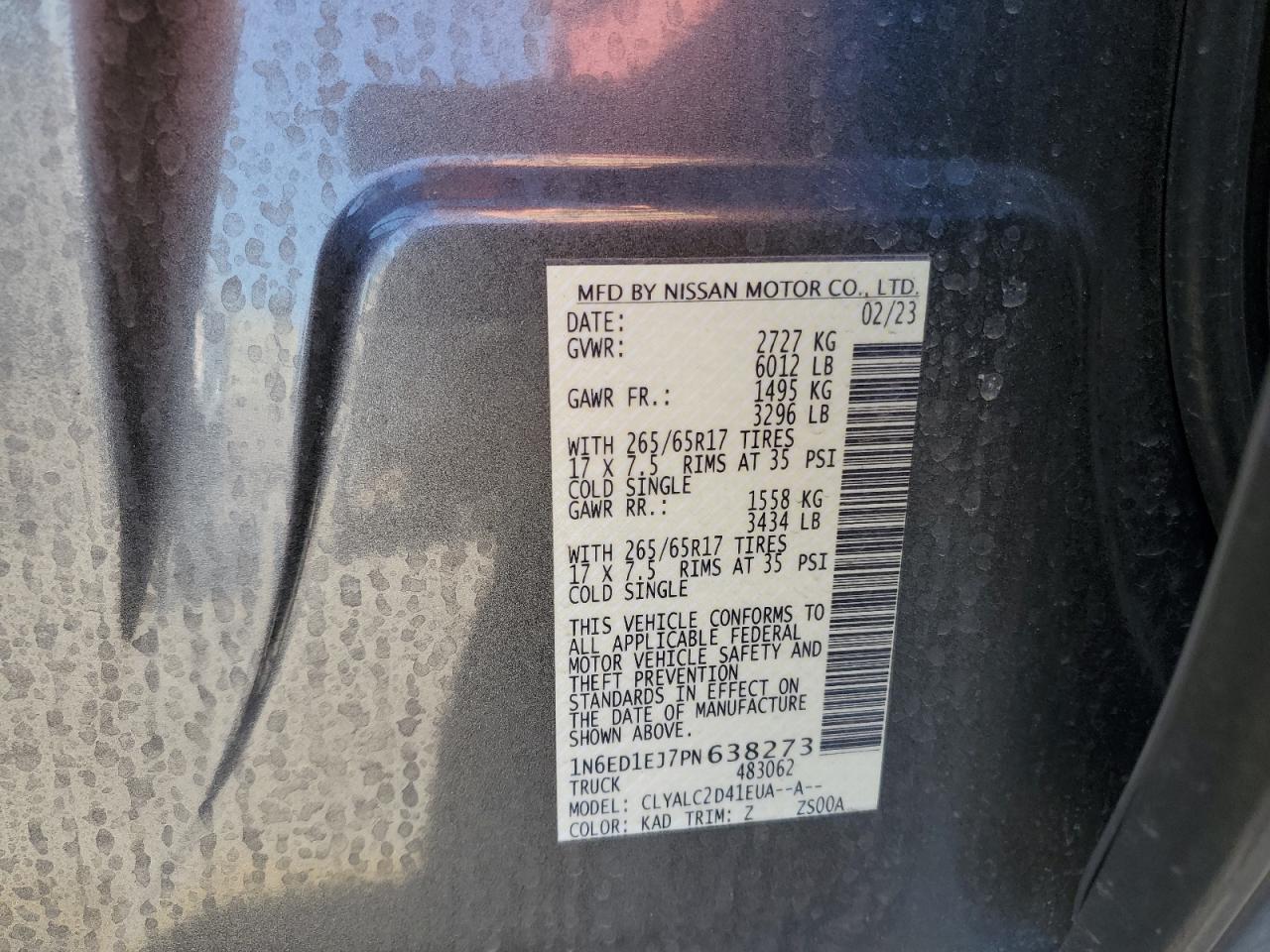 2023 NISSAN FRONTIER S VIN:1N6ED1EJ7PN638273