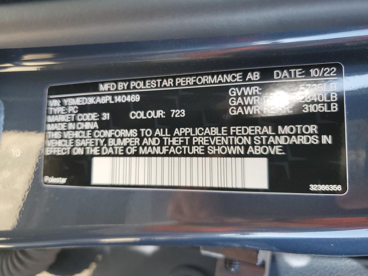 2023 POLESTAR 2 VIN:YSMED3KA6PL140469