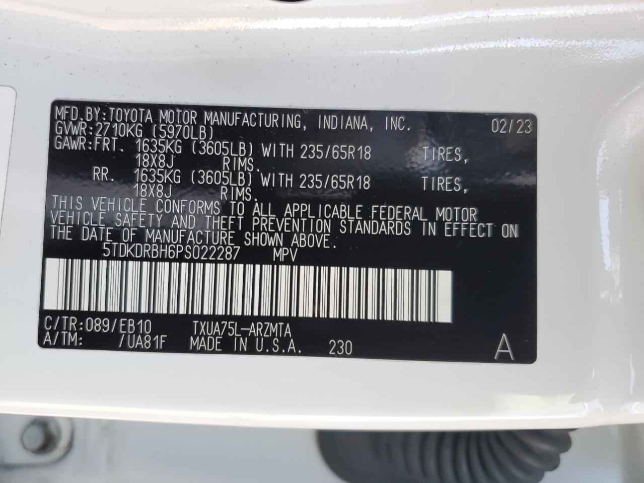 2023 TOYOTA HIGHLANDER L VIN:5TDKDRBH6PS022287