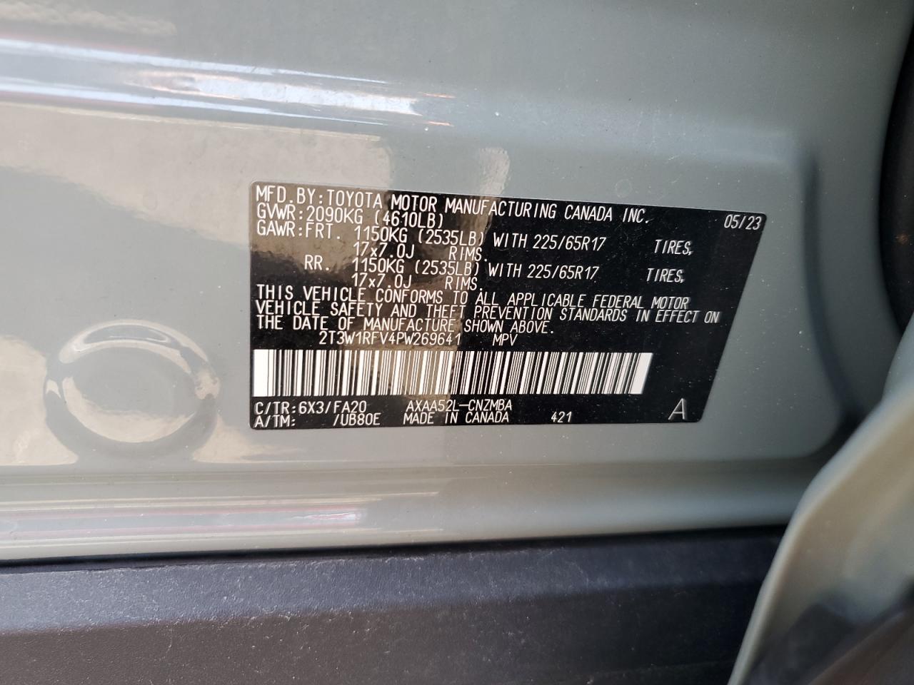 2023 TOYOTA RAV4 XLE VIN:2T3W1RFV4PW269641