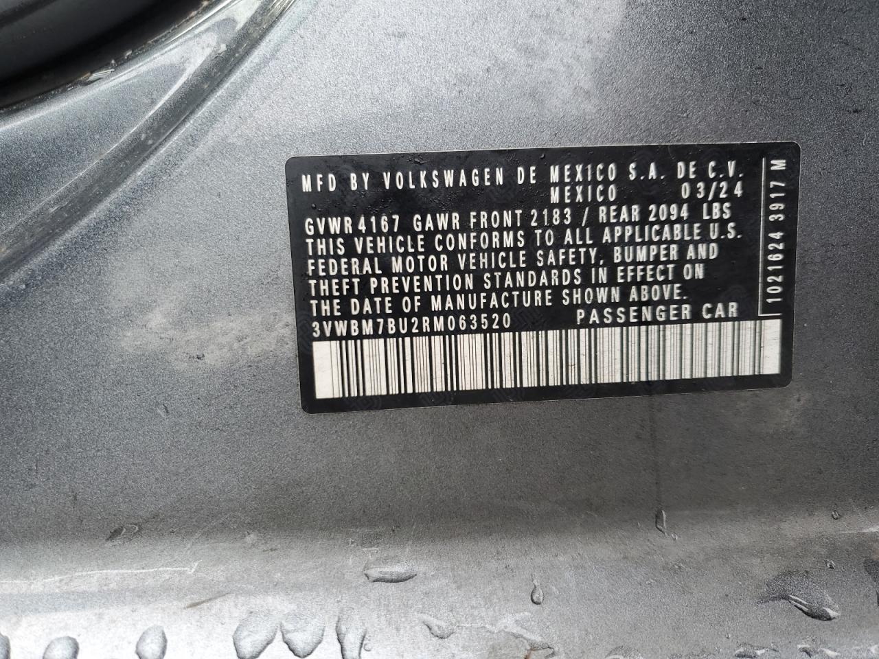 2024 VOLKSWAGEN JETTA SPORT VIN:3VWBM7BU2RM063520