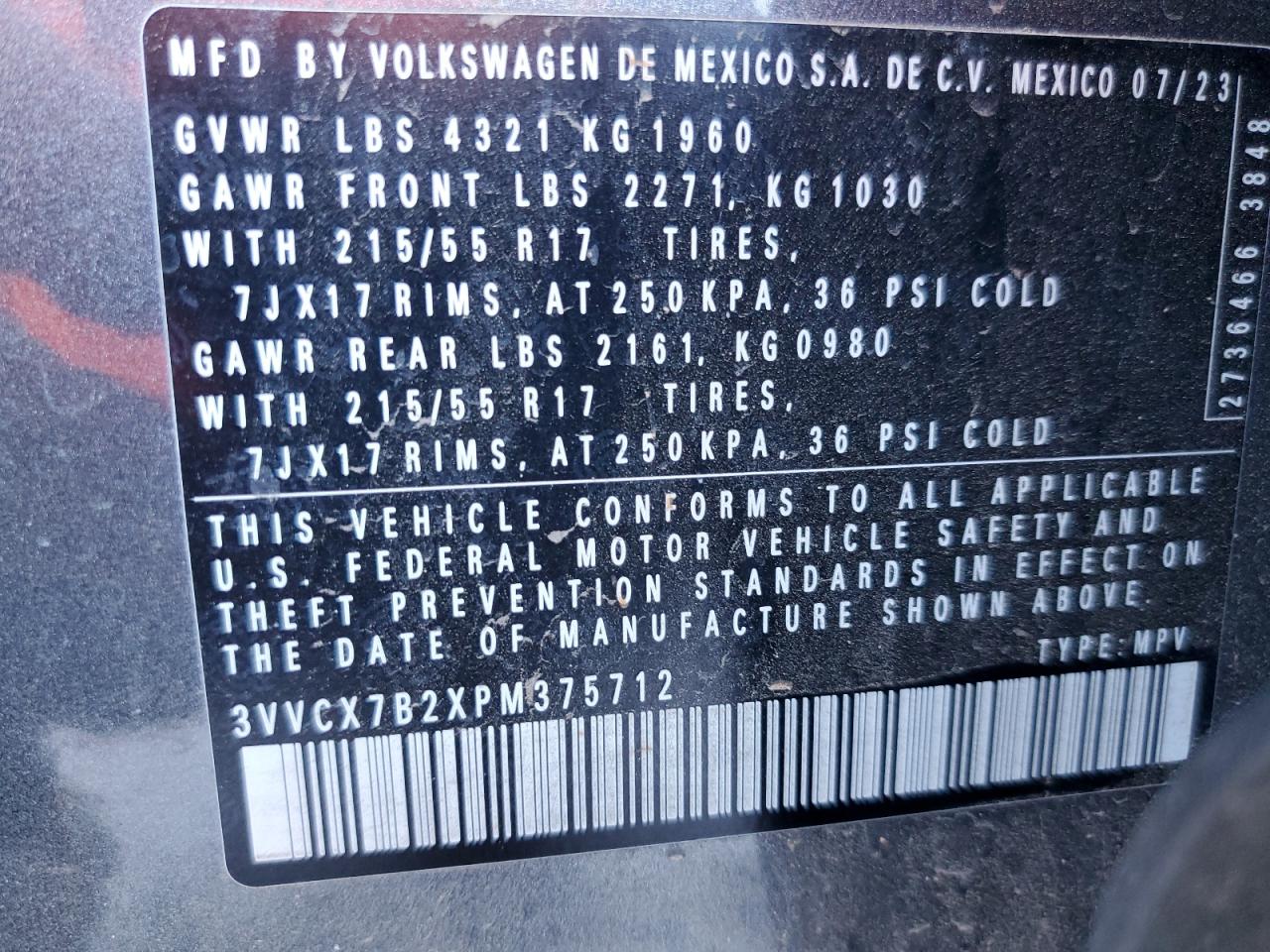 2023 VOLKSWAGEN TAOS S VIN:3VVCX7B2XPM375712