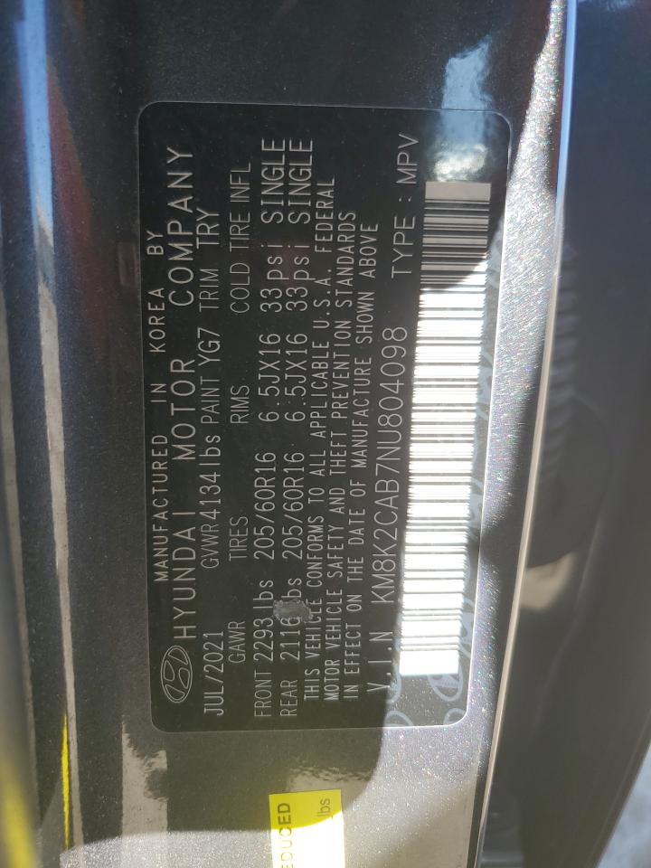2022 HYUNDAI KONA SEL VIN:KM8K2CAB7NU804098