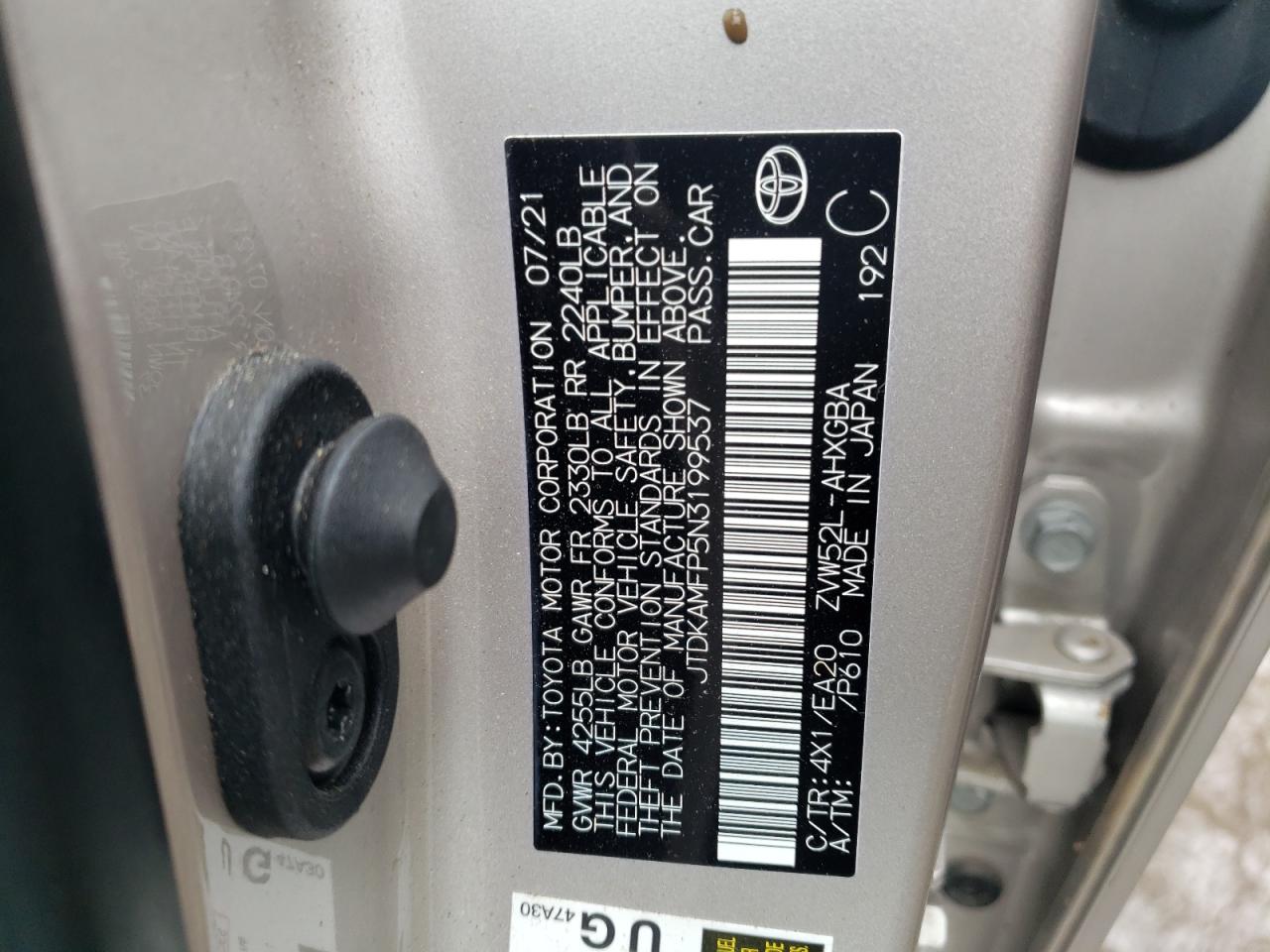 2022 TOYOTA PRIUS PRIME LE VIN:JTDKAMFP5N3199537