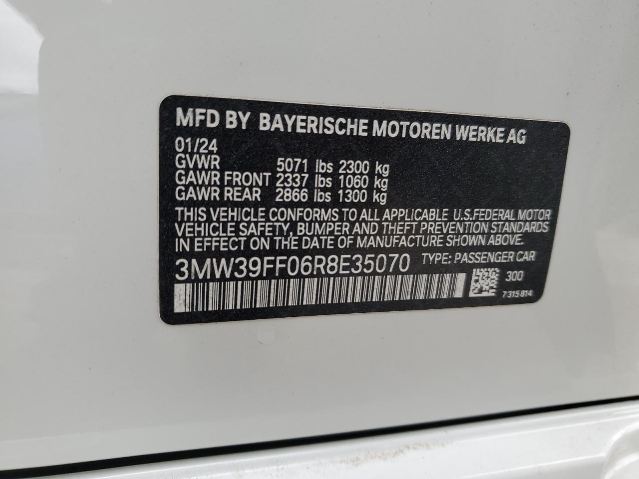 2024 BMW 330E VIN:3MW39FF06R8E35070