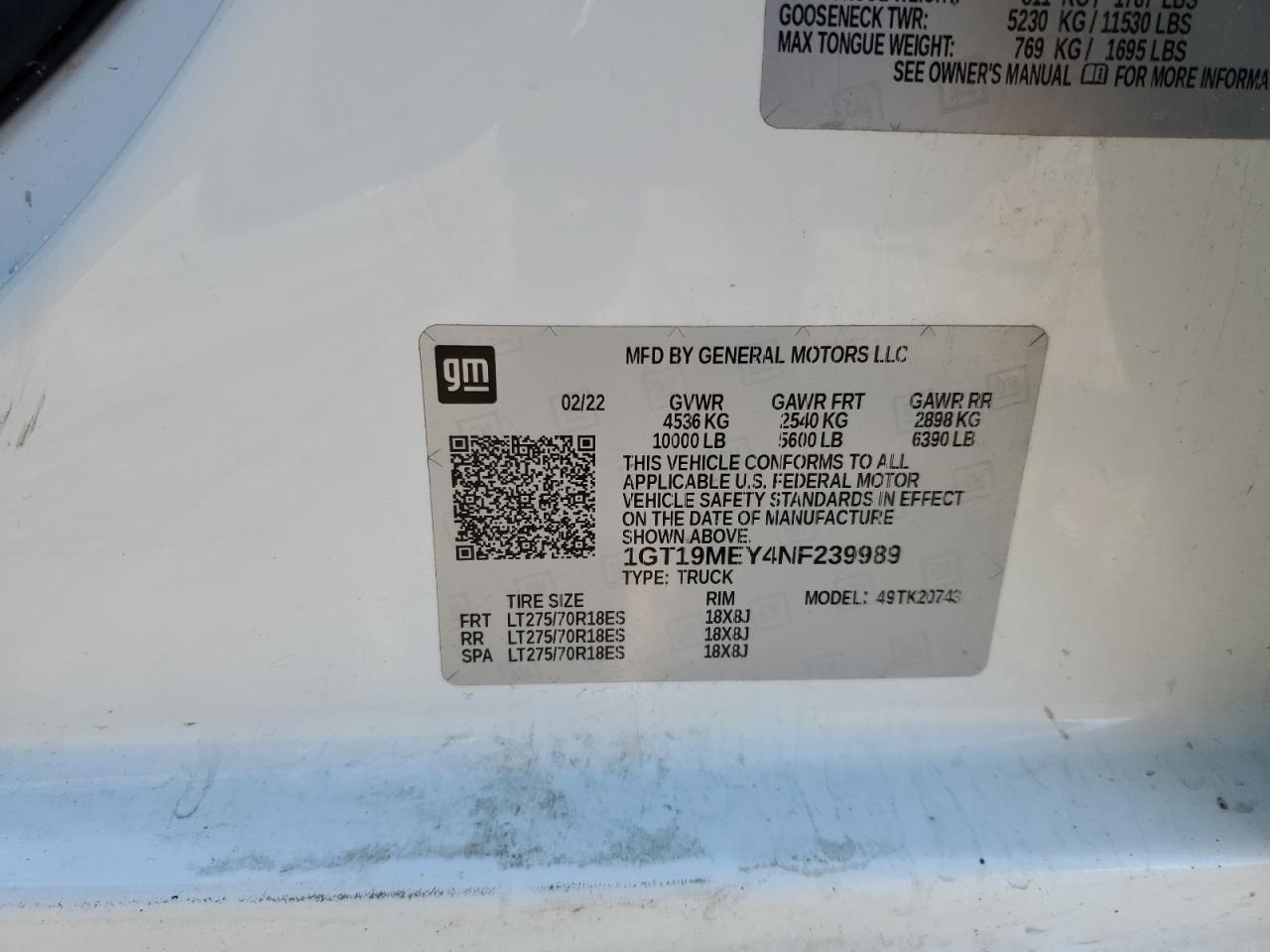 2022 GMC SIERRA K2500 SLE VIN:1GT19MEY4NF239989