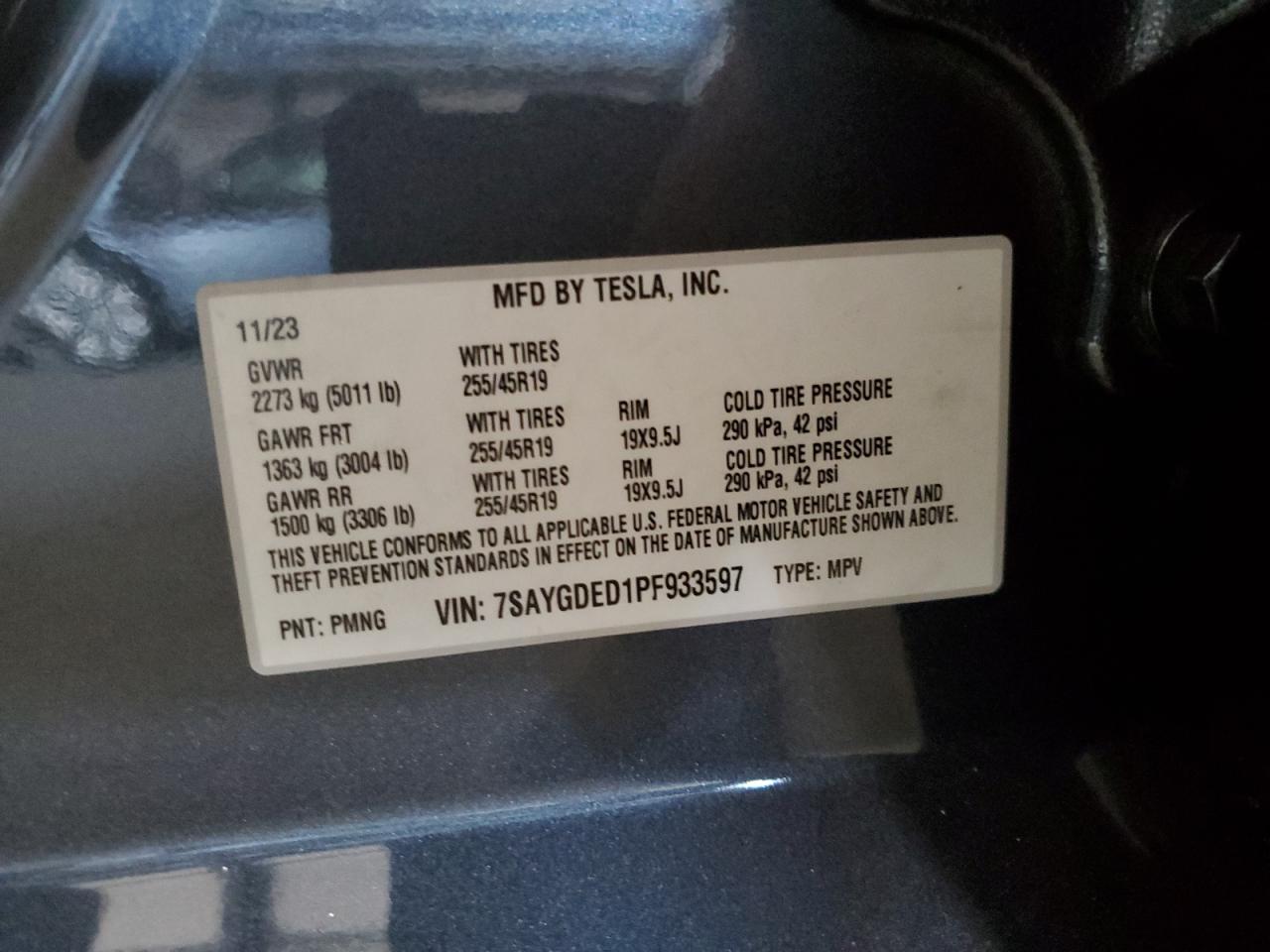 2023 TESLA MODEL Y VIN:7SAYGDED1PF933597