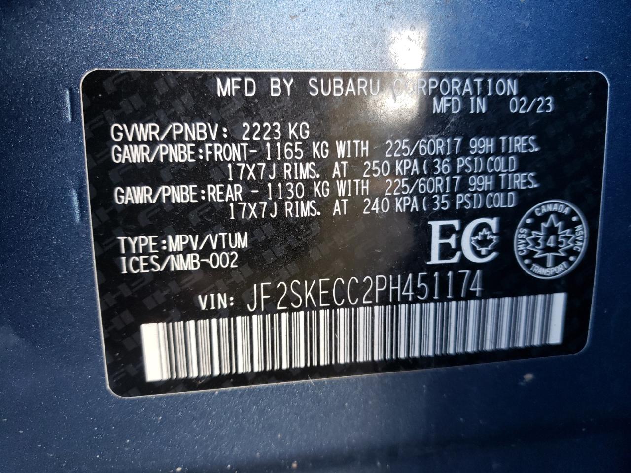 2023 SUBARU FORESTER VIN:JF2SKECC2PH451174