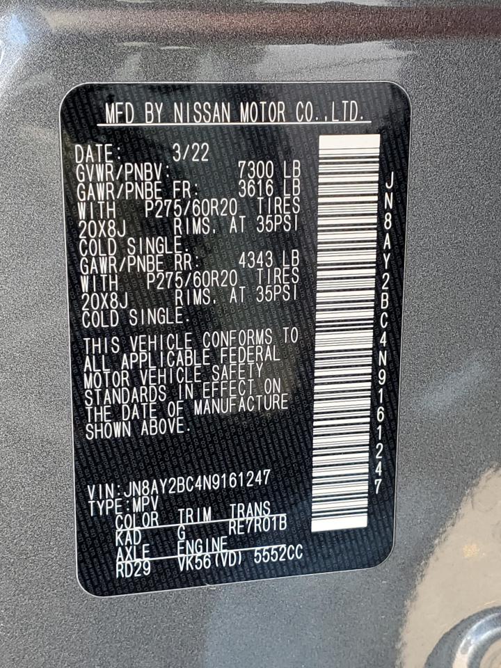 2022 NISSAN ARMADA SL VIN:JN8AY2BC4N9161247