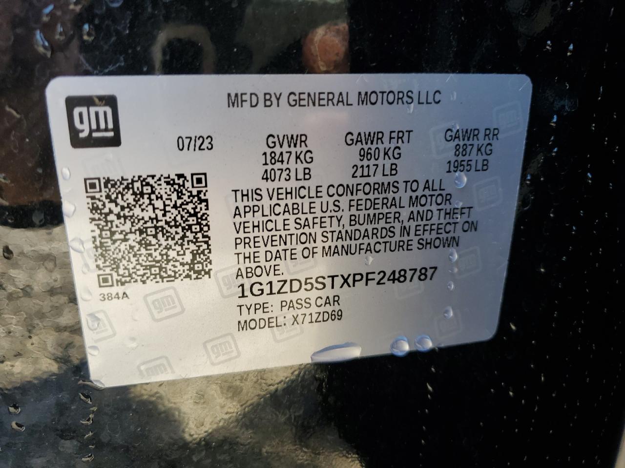 2023 CHEVROLET MALIBU LT VIN:1G1ZD5STXPF248787